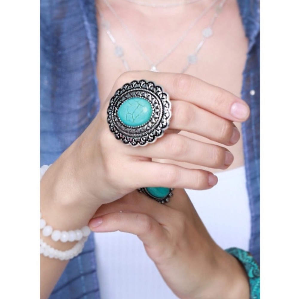 Boho Mandala Flower Turquoise Ring - Picture 3 of 7